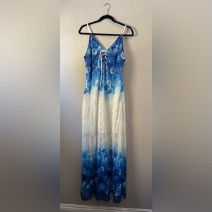 Venus Lace Double Slit White/Blue Tie Maxi Dress